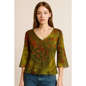 Vintage LMB Y2K Top XL Boho Peacock Feather Bell Sleeve Beaded Flowy